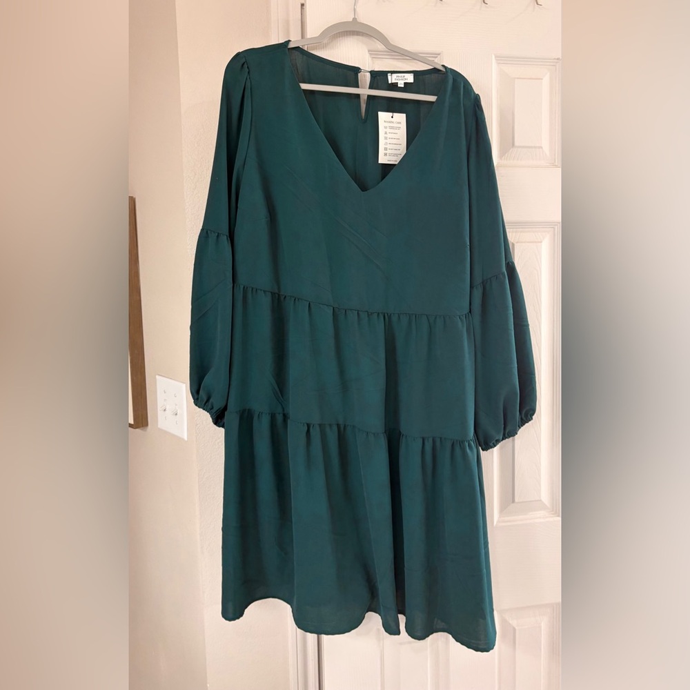 V-Neck Tiered Long Sleeve Dress - Deep Teal